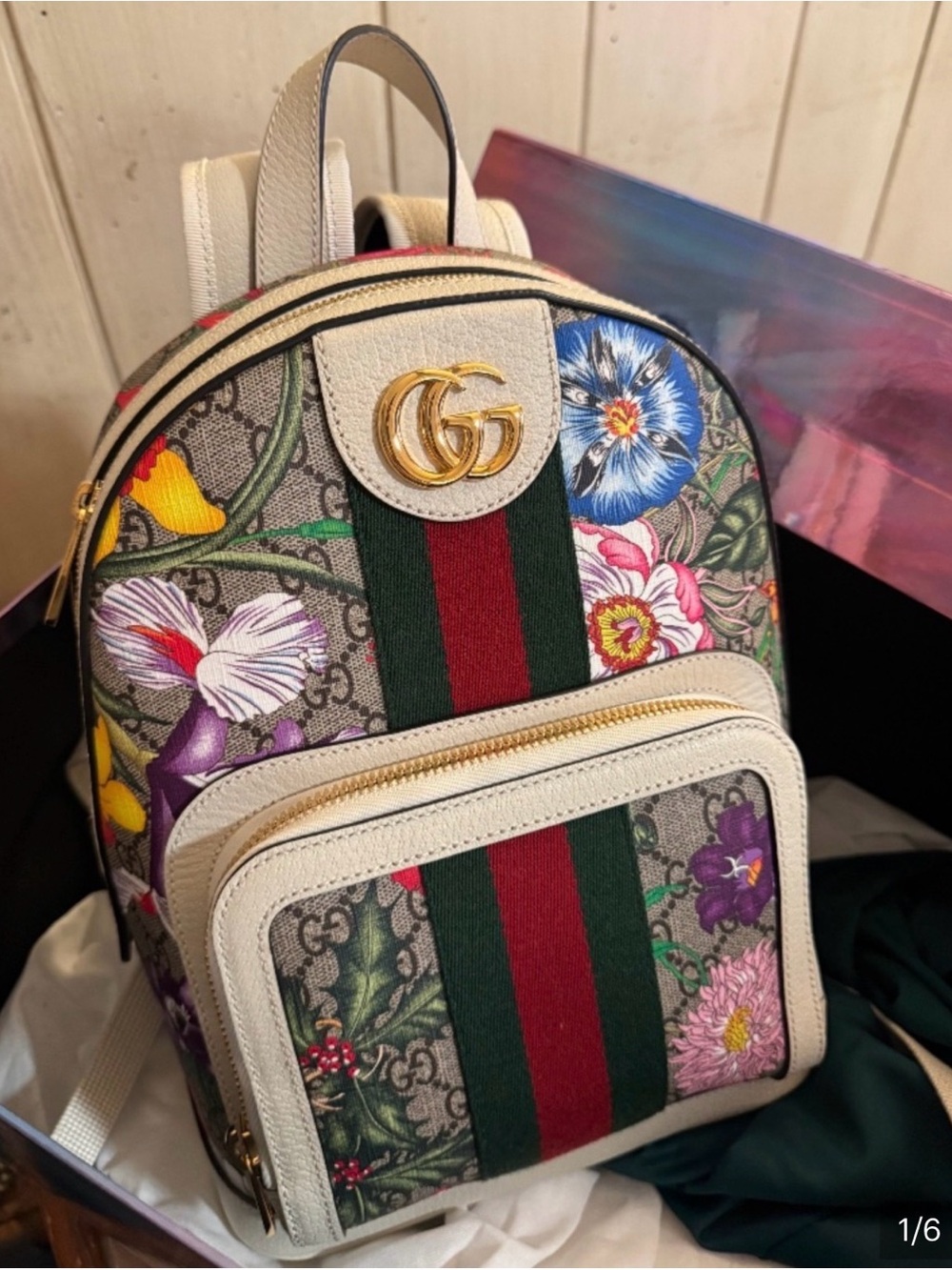 Gucci Floral GG Supreme Mini Backpack in Beige with Green and Red Web Stripe